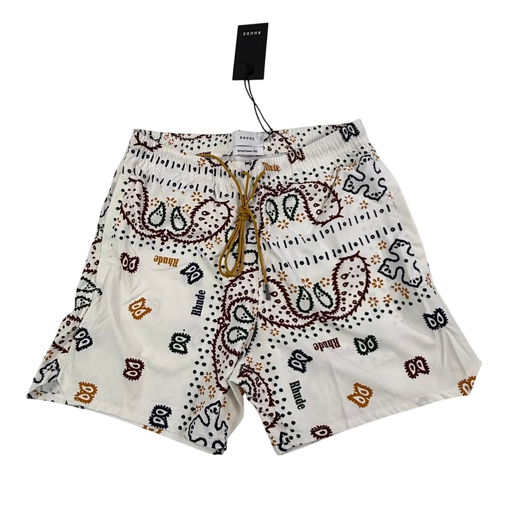 Rhude Mens Paisley Logo Swim Shorts White SS22 Drawstring Trunks Size M NEW